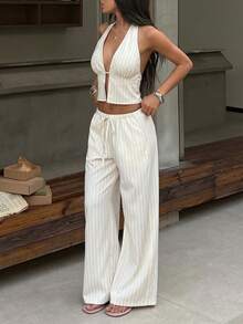 FavEase 女士休闲露背深V领吊带上衣和低腰系带直筒裤两件套 - 杏色 - 查看 3