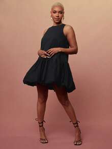 Vixey Đầm ngắn không tay dệt trơn, viền xếp ly phồng - màu đen - Xem 2