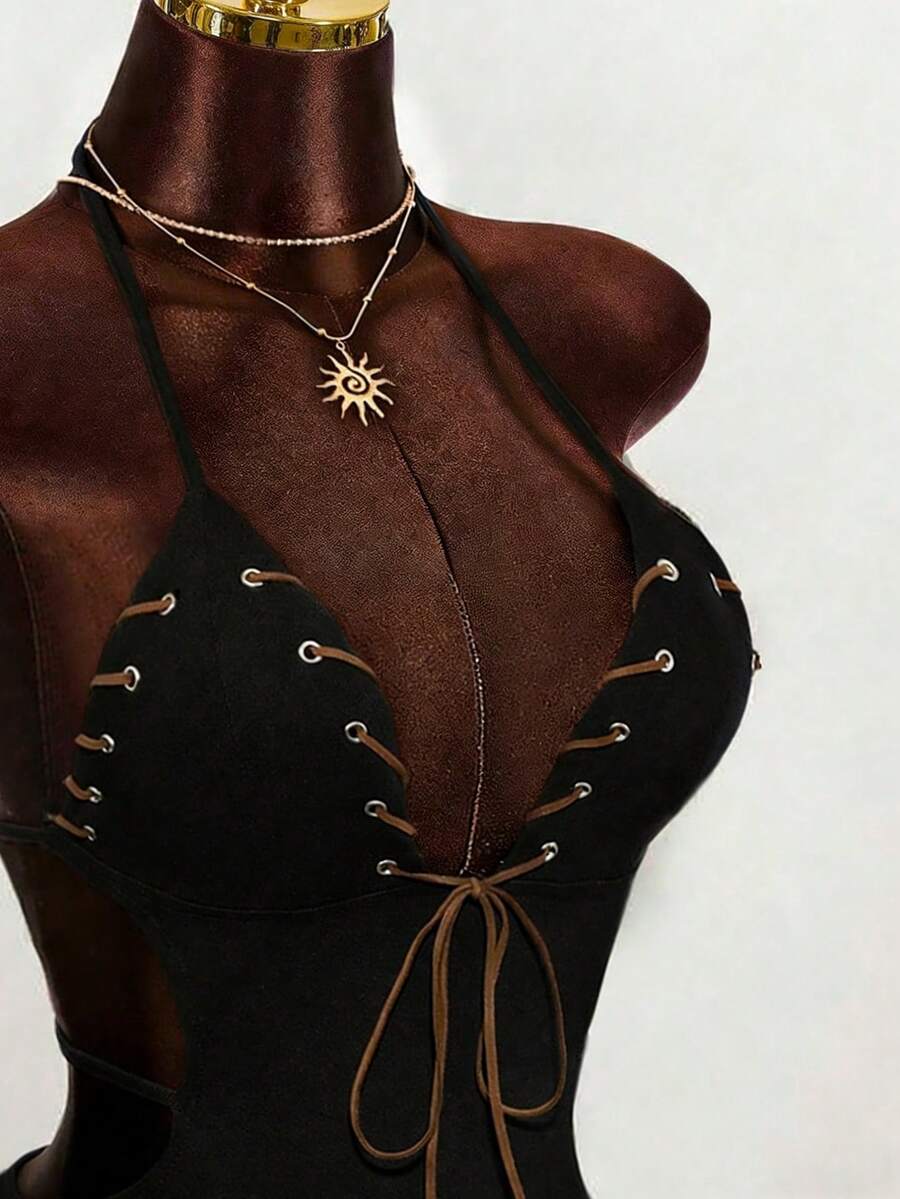 Mistrie Damklänning med metallgänga och rygglös, ärmlös och sexig - Svart - Visa 1