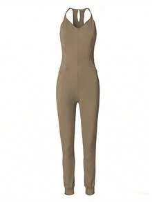 EMERY ROSE 女士纯色极简无袖连体裤 女士休闲连体裤 舒适连体裤 - 棕色 - 查看 5