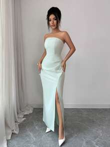 Selianne 优雅女士浅绿色雪纺拼接圆领无袖露背开衩长裙，休闲度假连衣裙，适合日常外出、约会、派对、宴会等场合，也可作为奢华新娘伴娘礼服。 - 綠色 - 查看 4