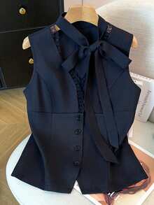 Franclia Sleeveless Tie-Waist Black Vest Shirt - Navy Blue - View 1