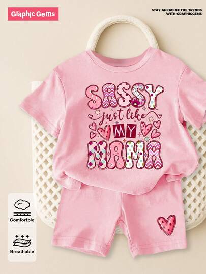 SHEIN GraphicGems Baby Girl Letter Print Short Sleeve T-Shirt And Heart Print Shorts 2-Piece Set Customize Baby Clothes Customizable Baby Clothes Baby Clothes For Girls Baby Girl High Quality Clothing Toddler Baby Girl Clothes