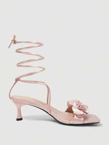 SheIn MOD Giày sandal cao gót nữ kiểu dáng thanh lịch, mũi vuông, gót mỏng, họa tiết hoa cá mòi, màu hồng mùa hè, phong cách La Mã. - Màu Hồng baby - Xem 5