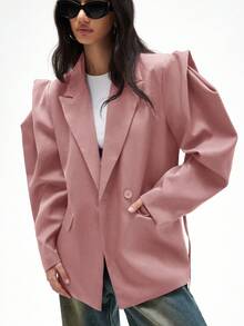 Aveloria GENKIRA Loose Fit Casual Commuter Versatile Extra Wide Silhouette Drawstring Decor Solid Color Blazer - Pink - View 3
