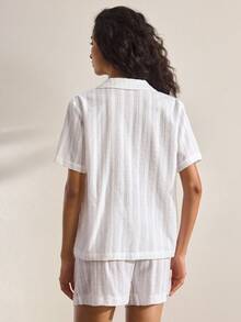Ocili Natural Soft & Skin-Friendly Cotton Jacquard Lapel Short Sleeve & Shorts Pajama Set For Women - White - View 3