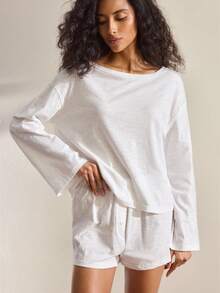 Ocili Bộ đồ ngủ 2 món bằng cotton mềm mại, tay dài, cài khuy giả, gồm quần short và áo sơ mi, kiểu dáng giản dị, thoải mái dành cho nữ. - trắng - Xem 5