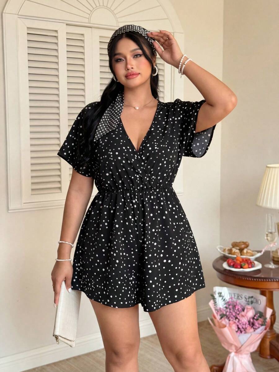 Celure Plus Size V-Neck Short Sleeve Jumpsuit, Casual For Vacation - Black - View 1