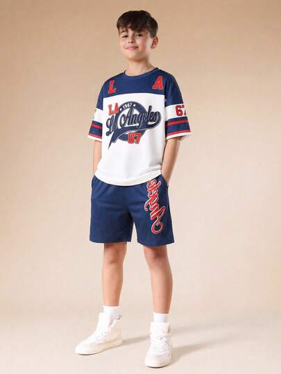 2pcs Tween Boy Racing Element Patchwork Contrast Color American Letter & Number 67 Print Streetwear Casual Crew Neck Short Sleeve T-Shirt And Shorts Set, Suitable For Commuting, School, Daily Casual, Outdoor, Sports, Spring/Summer, Beach Holiday