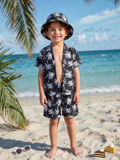 SHEIN Children's Coconut Tree Print Vacation Three Piece Set Boys' Short Sleeved Cardigan+Shorts+Fisherman Hat Set Summer New Style Hawaiian Style Casual Set For Small And Medium-Sized Boys, Baby Beach Vacation Beach Wear Light, Breathable And Comfortable Fabric Loose Cardigan Design Not Stuffy Sweat, Same Color Fisherman Hat Sun Protection And Sunshade, 3-8-Year-Old Boys' Essential Fashion Set For Summer Travel And Vacation Boys Beach Wear Boys Swim Suit Sets Boys Summer Outfit Kids Resort Wear Palm Tree Print Set Beach Outfit For Kids Boy Beach Outfits Boy Vacation Outfits Summer Holiday Outfits Kids Boys Swim Set