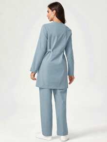 TaskEZ Women's Solid Color Round Neck Long Sleeve Top And Pants Casual Daily Uniform Set Scrub Sets For Women Light Blue Outfits Professional Clothes Work - Blue - View 2