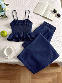 Comfortcana Women's Solid Color Minimalist Camisole Top And Jeans Set - Dark Wash - View 2