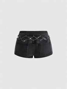 ROMWE Grunge Punk Quần short denim cạp siêu trễ kiểu Punk Y2K cổ điển, gợi cảm với họa tiết dây xích và thánh giá. - màu đen - Xem 1
