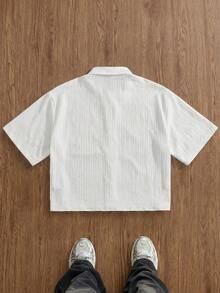 SWAVVY 男士刺绣纯色落肩休闲前开襟短袖衬衫，春夏款 - 白色 - 查看 3