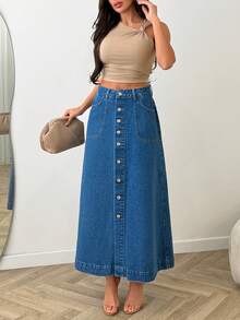 SHEIN High Waist Medium Wash Blue Button Front Long Midi Woman's Skirt - Medium Wash - View 5