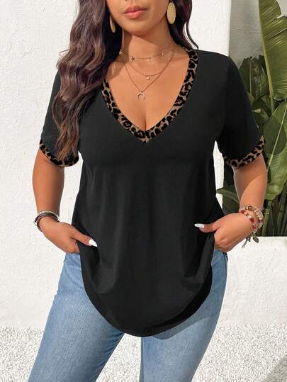 SHEIN Frenchy Leopard Print Contrast Color Trim V-Neck Plus Size T-Shirt, Black, Suitable For Daily Wear, Vacation, Casual Summer, Music Festival