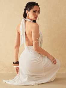 Silquee 性感优雅V领高开衩露背长裙，无袖连衣裙，优雅服饰，伴娘礼服，婚礼，海滩度假，约会/外出/夜店派对，优雅派对约会，鸡尾酒会，派对/约会/宴会服装，情人节及夜间外出，姐妹聚会礼服，浪漫约会服装，高端派对礼服，正式派对服装，毕业典礼，舞台表演礼服，盛大晚宴，俱乐部，夜总会 - 白色 - 查看 6