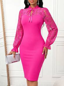 SHEIN Lady Vestido elegante de punto negro con cuello superpuesto, cinturón y mangas para oficina, boda, cóctel, concierto/festival de música, vestido de invitada de boda, ropa para mujeres de vuelta al colegio, atuendos de profesora, faldas negras, vestidos negros de otoño, vestidos elegantes de verano para mujeres con mangas abullonadas, encaje y parches, vestido midi negro ajustado - Rosa Fucsia - Ver 4