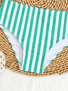 Girls' Green And White Striped Two-Piece Swimsuit With Bow Tie - New Summer Style, Skin-Friendly And Quick-Drying Swimwear. Features Include Bow Embellishments On The Shoulders, A High-Waisted, Fully Hip-Hugging Design, And Stylish Outfits For Children's Beach Vacations, Swimming Pools, And Water Parks. A Must-Have For A Fresh And Energetic Look. Bikini Sets For Kids Bathing Suit For Girls Beach Outfit For Kids Beach Outfit For Kids Girl Bathing Suits For Toddlers Bathing Suits For Kids Swimsuit For Toddlers - Mint Green - View 4