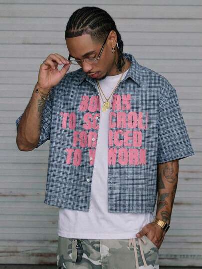 AXEPEAK Men's Letter & Plaid Print Button Front Casual Short Sleeve Shirt