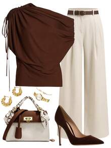 Ellevyn 棕色网纱露肩上衣搭配米色阔腿长裤套装，优雅简约日常穿搭 - 彩色 - 查看 10