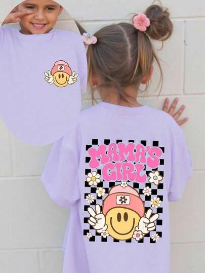 Young Girls Casual Comfortable Fashion Cute Checkered & Face Letter "MAMA'S GIRL" Print Round Neck Short Sleeve T-Shirt, Summer Girls Graphic Tee
