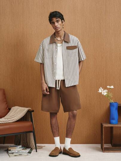 TOKVUE 男士休闲条纹短袖衬衫短裤套装，适合日常通勤