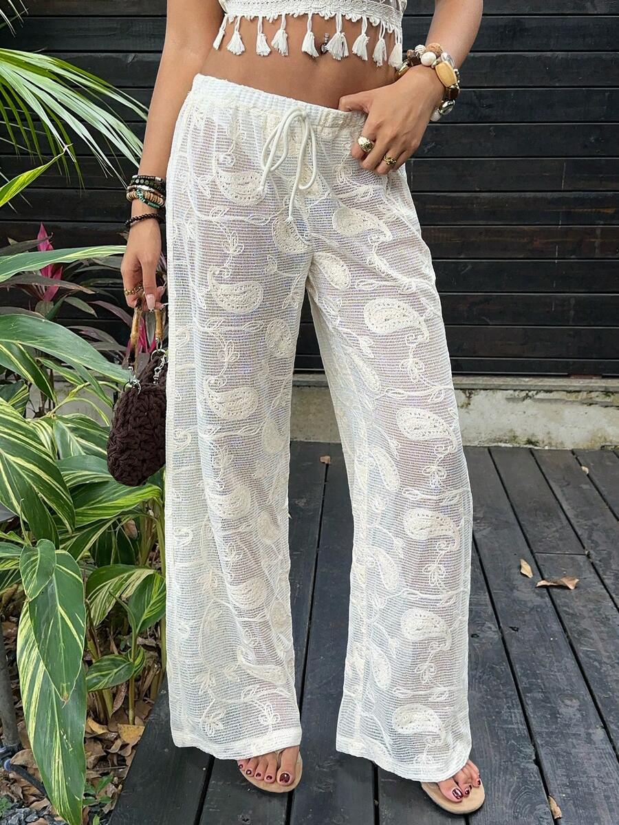 Sunnyshic Women's Apricot Elastic Waist Tie Textured Hollow Paisley Jacquard Loose Casual Pants, Suitable For Bohemian Casual Parties, Music Festivals - Apricot - View 1