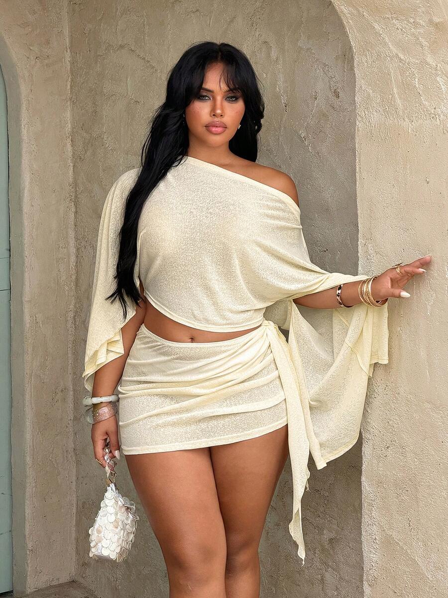 Rustia 大码不对称单肩宽松薄纱优雅上衣搭配不对称系带罩裙，优雅沙滩度假休闲女装两件套 - 黃色 - 查看 1