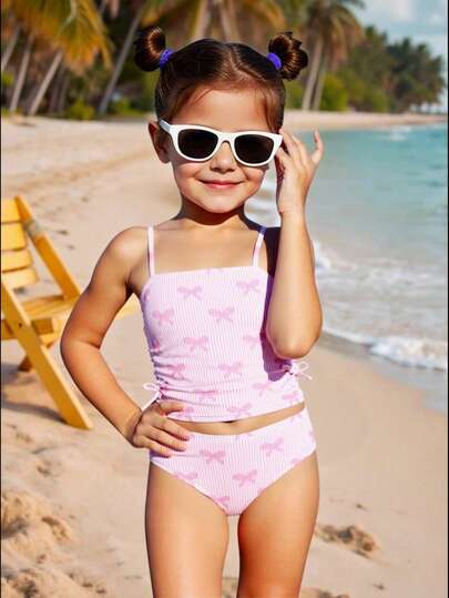 Young Girls' Tankinis, New Arrival Toddler Girls' Spaghetti Strap Tankini Swimsuit Set, Pink Striped Bow 2pcs, Fashionable Casual Elegant Graceful Sporty Lively Cute Swimwear, Suitable For Swimming, Beach, Pool, Photo Shooting, Gift For Christmas, New Year, Valentine's Day, Halloween, April Fool's Day Bikini Sets For Kids Kids Beach Outfit Girl Spring Summer Picks Yellow Shorts Ruffle Yellow Cami Top Two Piece Swimsuit Kids Kids Swimwear For Girls Bathing Suits For Kids Beach Outfit For Kids Kids Swim Wear For Girls Beach Outfit For Kids Girl