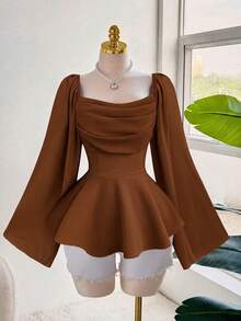 Sweetra Áo kiểu nữ cỡ lớn thanh lịch, lãng mạn, thường ngày, cổ Pháp, tay loe, chất liệu chiffon, eo chun, dáng xòe, thích hợp mặc mùa xuân/thu, trang phục thanh lịch, sang trọng, áo dài tay nữ, áo peplum tay dài. - màu nâu - Xem 1