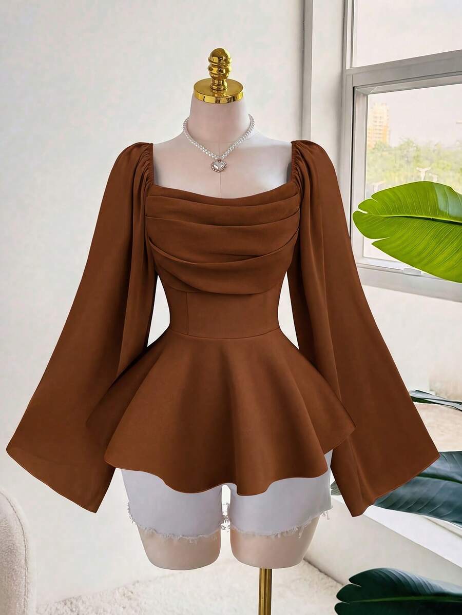 Sweetra Áo kiểu nữ cỡ lớn thanh lịch, lãng mạn, thường ngày, cổ Pháp, tay loe, chất liệu chiffon, eo chun, dáng xòe, thích hợp mặc mùa xuân/thu, trang phục thanh lịch, sang trọng, áo dài tay nữ, áo peplum tay dài. - màu nâu - Xem 1