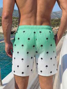 Manfinity Swimmode Men's Palm Tree Print Drawstring Waist Beach Shorts - Green - View 2