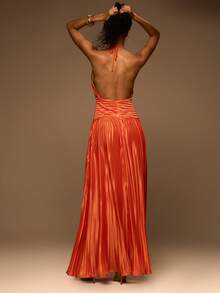 MUSERA Plisse High Halterneck Waist Panel Split Leg Maxi Dress Spring Summer Elegant Vacation Holiday Ibiza Club Occasion Sexy Evening Wedding Guest Sunset Kiss - Orange - View 4