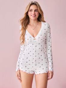 Bonmuse Women's Long Sleeve Floral Print Contrast Lace Trim Fitted Jumpsuit Pajamas - White - View 4