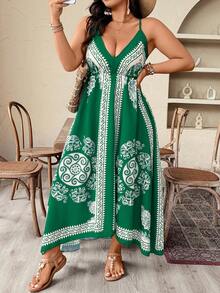 Weeklong Plus Size Summer Vacation Printed Asymmetric Hem Cami Dress - Green - View 1