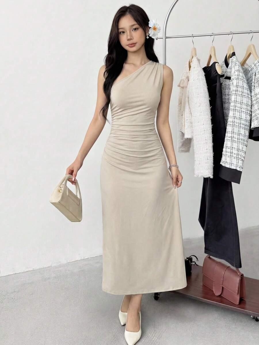 SHEIN 杏色单肩休闲修身褶皱腰身优雅针织连衣裙，适合青少年女孩 - 杏色 - 查看 1