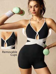 VARSIVA Women's Deep V Color Block Cutout Crossover Design Suspender Straps With Built-In Bra Pads Yoga Pilates Gym Jumpsuit. - Black and White - View 3