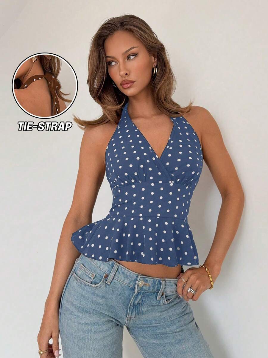 SHEIN Raffinéa Blusa sin mangas con cuello en V, volantes y lunares, adecuada para festivales de música de primavera - Azul y blanco - Ver 1