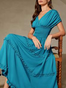 Aveloria Rosie Vestido elegante y romántico para mujer con volantes, mangas cortas, hombros caídos, cintura fruncida, falda acampanada y bajo con volantes, versátil para vacaciones - Azul - Ver 6