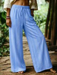 Franclia 女士弹力腰带优雅直筒裤，浪漫假日户外经典休闲海滩度假时尚甜美情人节约会派对海滩魅力都市时尚日常穿着百搭优雅商务办公通勤抽绳腰带女裤阔腿长裤 - 藍色 - 查看 3