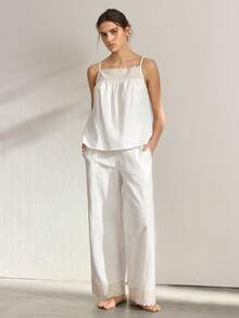 Ocili Bộ đồ ngủ nữ màu trơn gồm áo hai dây và quần dài - trắng - Xem 3
