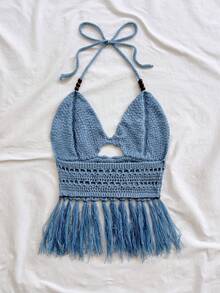 Soleia 女士度假风串珠吊带针织上衣，流苏下摆，适合约会、下午茶、海滩、邮轮、城市旅行、婚礼季、音乐节等场合。 - 藍色 - 查看 2