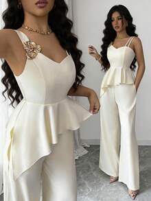 SHEIN Elenzya 女士杏色金色花卉装饰吊带露脐上衣，不规则下摆搭配阔腿裤，优雅休闲通勤度假复古法式街头时尚商务节日两件套，春夏款 - 杏色 - 查看 8