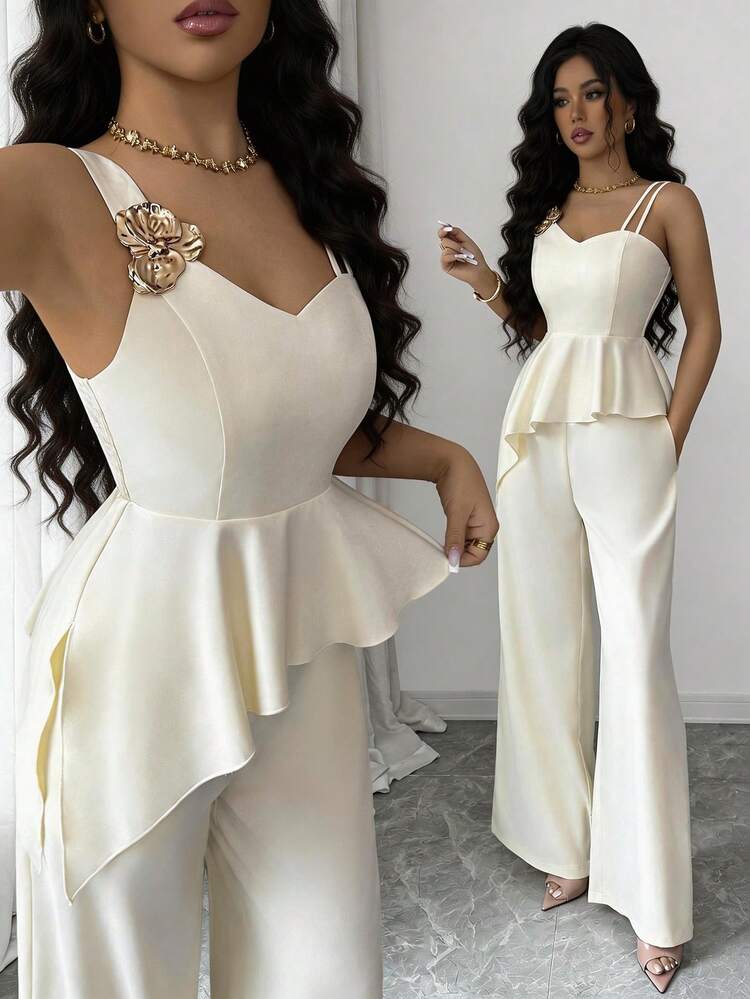 SHEIN Elenzya Conjunto de 2 piezas de top corto con tirantes de espagueti con decoración floral en color albaricoque y dorado, y pantalones de pierna ancha con bajo irregular, elegante y casual para uso diario, vacaciones, estilo vintage francés, negocios y festivales, primavera/verano - Albaricoque - Añade 8