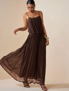 Zivah Summer New Casual Basic Vacation Beach Chiffon Spaghetti Strap Dress - Apricot - Brown - View 8
