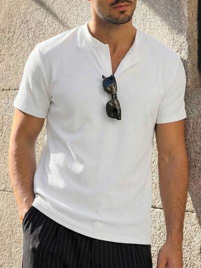 HIMLAND Men's Casual Solid Color Short Sleeve T-Shirt, Versatile For Summer ,Men's Slim Fit Ribbed Henley Short Sleeve ,Summer Casual Button Down Crew Neck Tee ,White Textured Henley Shirt For Men ,Basic Solid Color Ribbed Tops ,Daily Wear Comfortable Grandad Collar Shirt ,Old Money Aesthetic Casual Top ,Men's Short Sleeve Henley Shirt ,Men's Henley Shirt ,The Everyday Classic: Rib-Knit Henley Tee ,Basic Layering Top ,Muscle Fit Shirt ,Slim Fit Solid Color Tee