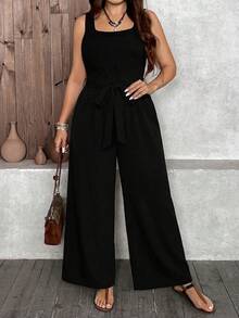 SHEIN LUNE 休闲简约纯黑色系带宽松大码女式连体裤，适合春夏度假穿着 - 彩色 - 查看 1