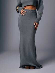 Hauture Sexy Casual Simple Basic Knitted Heather Melange Middle Rise Mermaid Sweater Maxi Skirt - Grey - View 4
