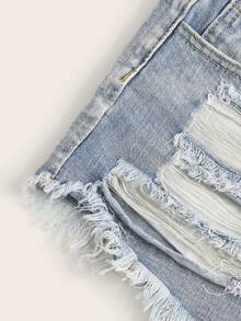 SHEIN Essnce 女士休闲牛仔短裤，带口袋和毛边裤脚，适合日常穿着 - 淺色水洗藍 - 查看 4
